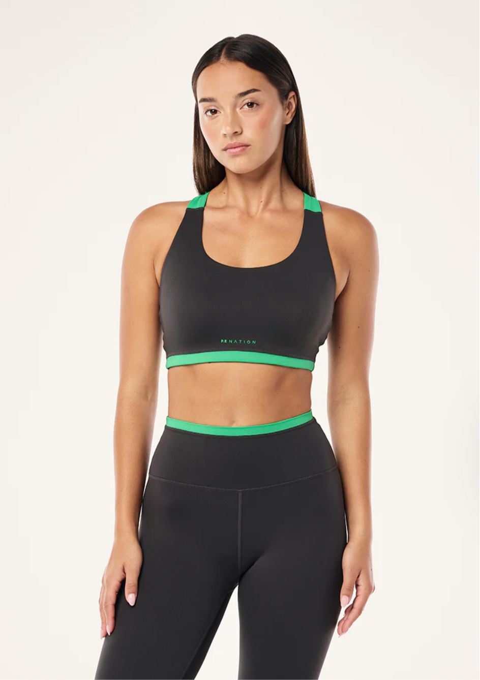 P.E. NATION HIGHGATE SPORTS BRA IN CAVIAR & KELLY GREEN