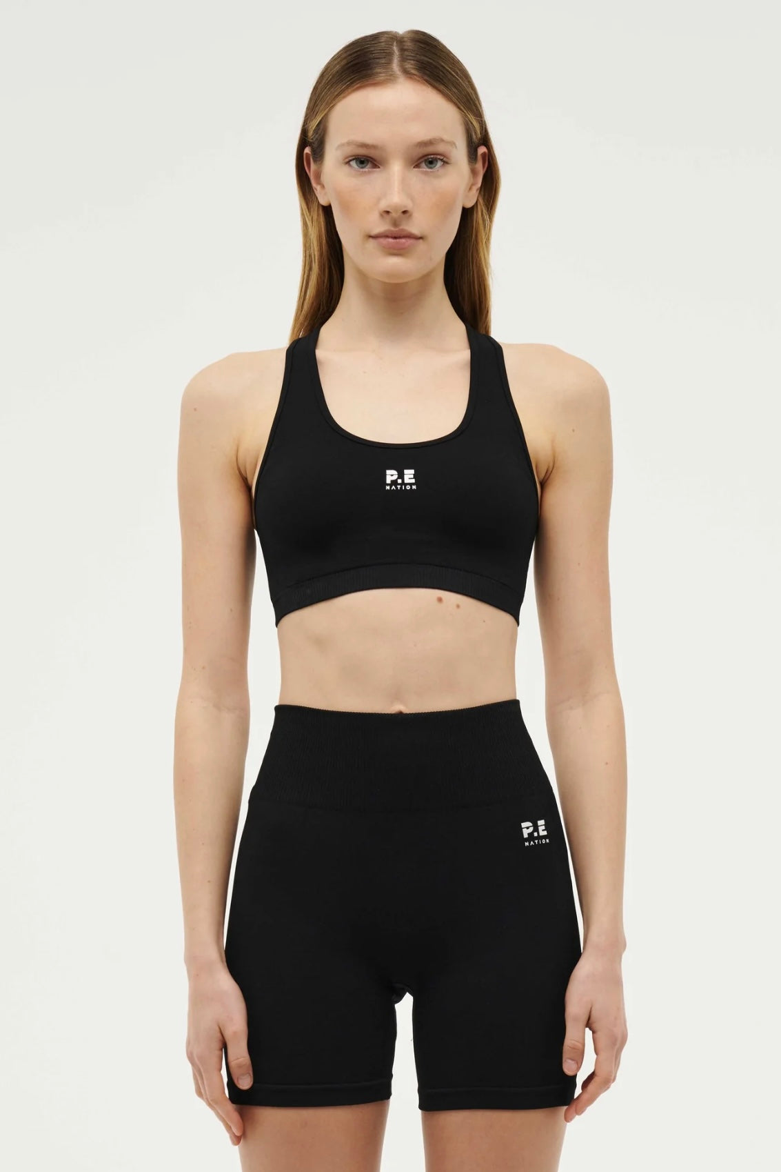 P.E. NATION RESTORE SEAMLESS SPORTS BRA IN BLACK