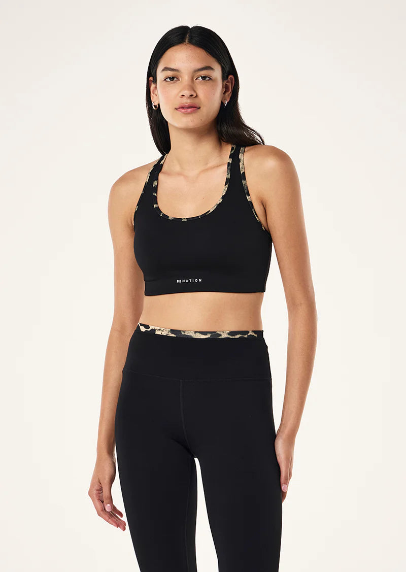 P.E. NATION STELLAR SPORTS BRA IN BLACK & LEOPARD