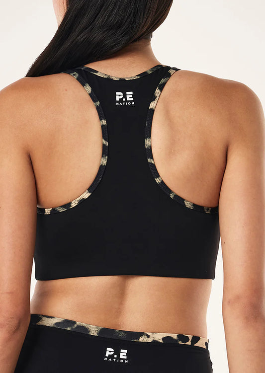 P.E. NATION STELLAR SPORTS BRA IN BLACK & LEOPARD