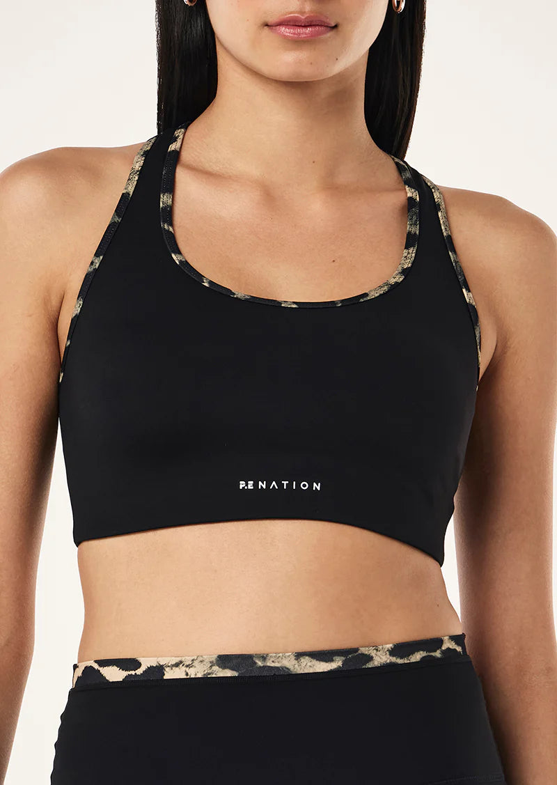 P.E. NATION STELLAR SPORTS BRA IN BLACK & LEOPARD