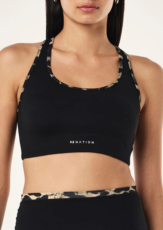 P.E. NATION STELLAR SPORTS BRA IN BLACK & LEOPARD