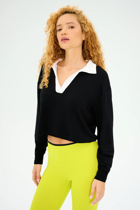 SPLITS59 JOAN FLEECE POLO SWEATSHIRT IN BLACK AND WHITE