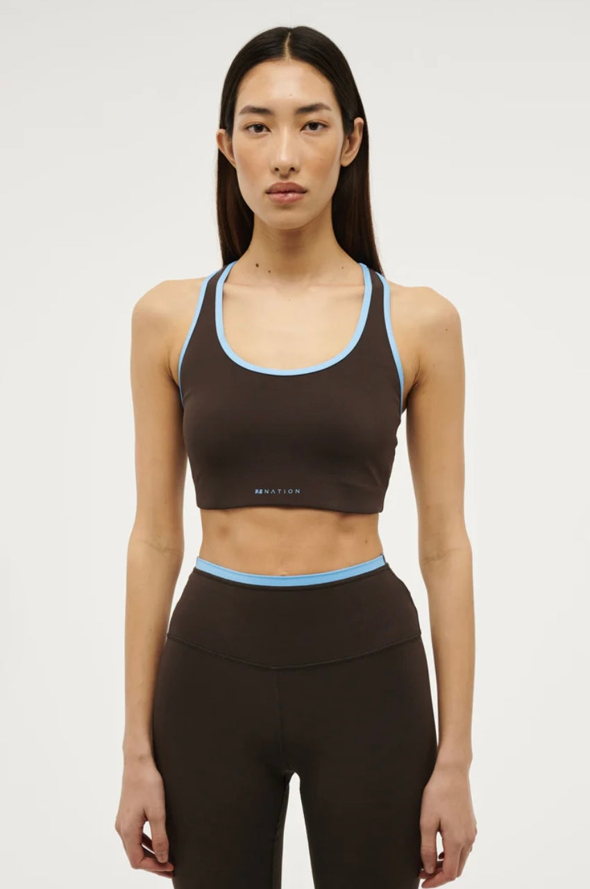 P.E. NATION STELLAR SPORTS BRA IN COFFEE