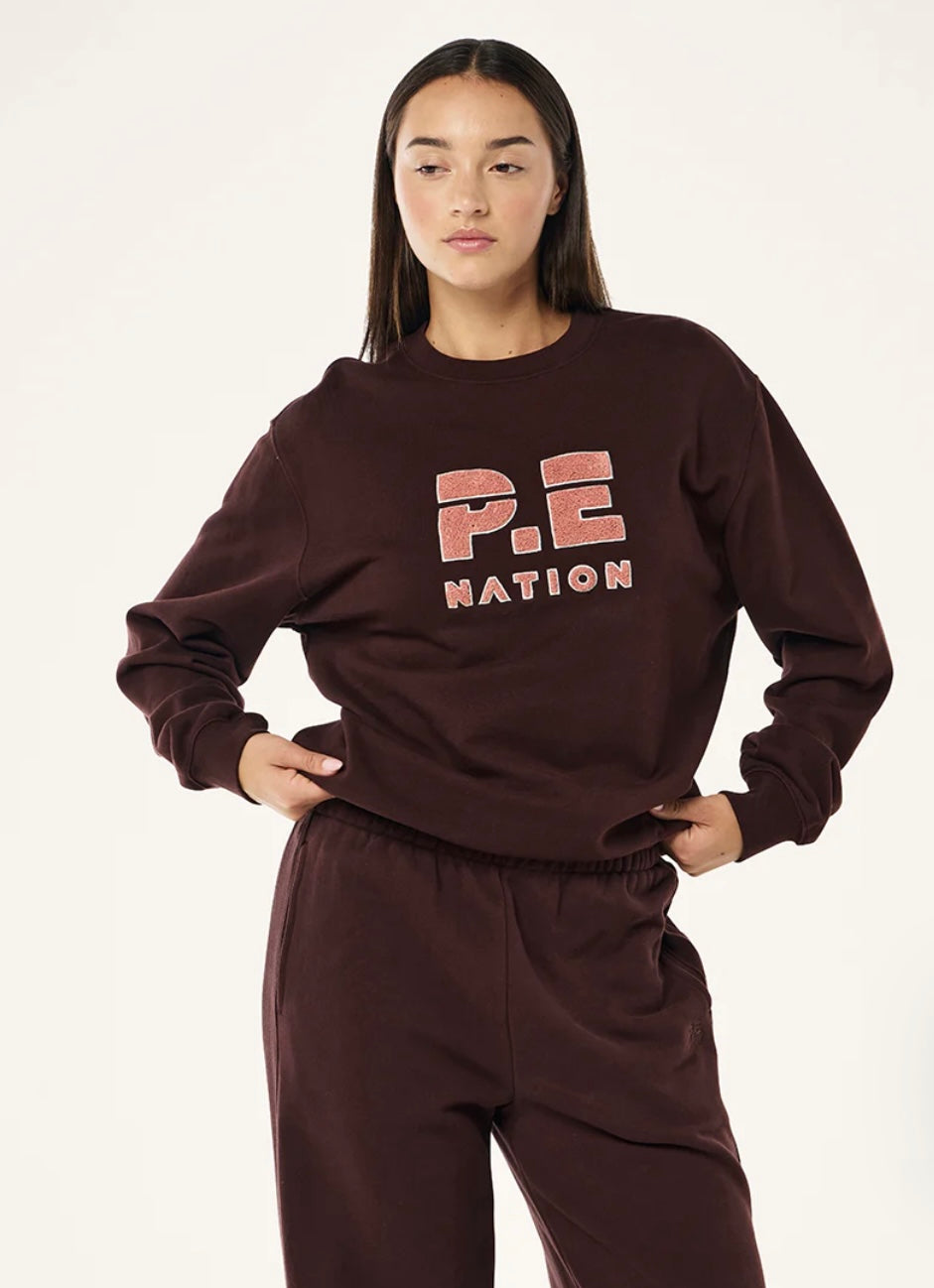 P.E. NATION HEADS UP BOUCLE SWEAT IN MAHOGANY