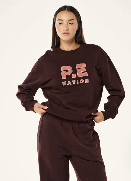 P.E. NATION HEADS UP BOUCLE SWEAT IN MAHOGANY
