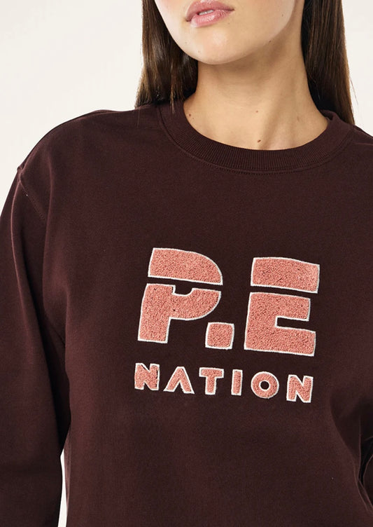 P.E. NATION HEADS UP BOUCLE SWEAT IN MAHOGANY