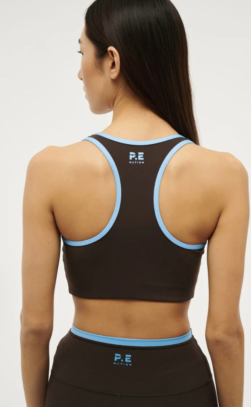 P.E. NATION STELLAR SPORTS BRA IN COFFEE