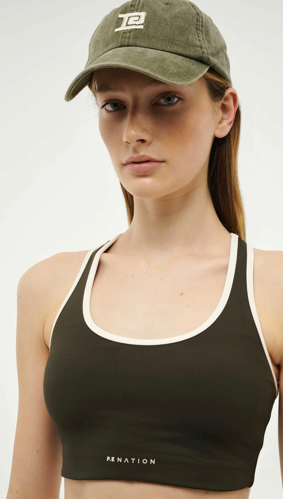 P.E. NATION STELLAR SPORTS BRA IN FOREST NIGHT / WHISPER WHITE